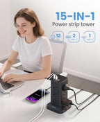 Power Strip Tower with Surge Protector 1800J, Fast Charging Tower PD20W USB-C Ports with 12 AC Outlets, 6ft Extension Cord for Home Office Dorm Room, Black