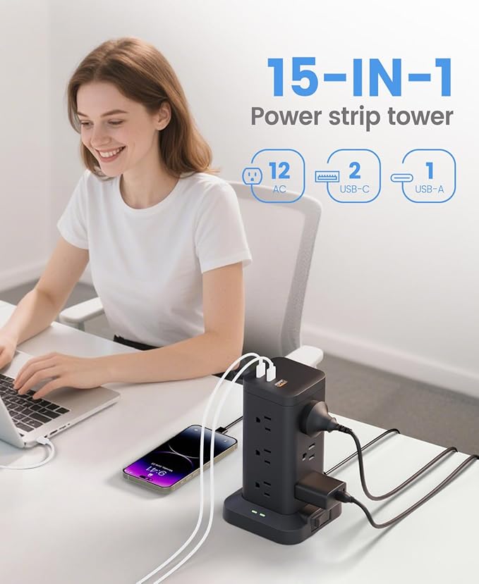 Power Strip Tower with Surge Protector 1800J, Fast Charging Tower PD20W USB-C Ports with 12 AC Outlets, 6ft Extension Cord for Home Office Dorm Room, Black