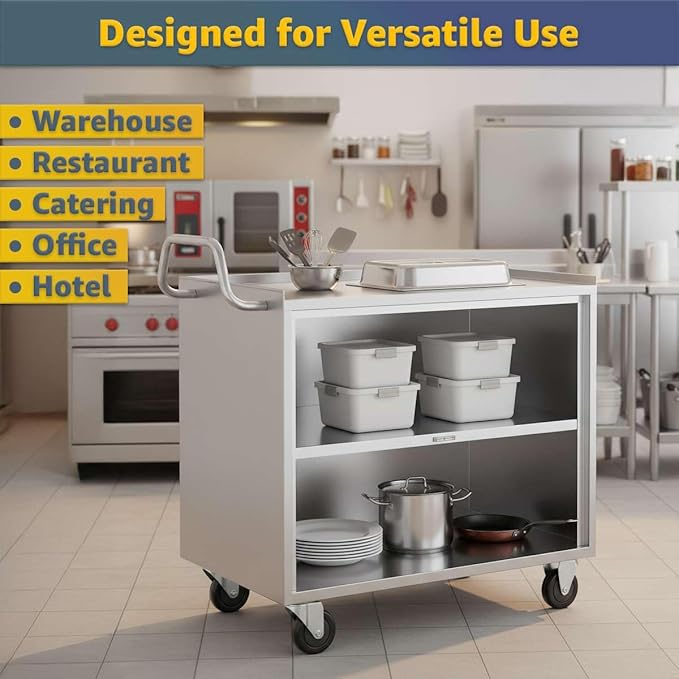 21" x 33" Stainless Steel Utility Cart with Enclosed Base and Open Front - 3 Shelf Heavy-Duty Commercial Service Cart - NSF Prep & Work Table for Kitchen, Catering, Restaurant