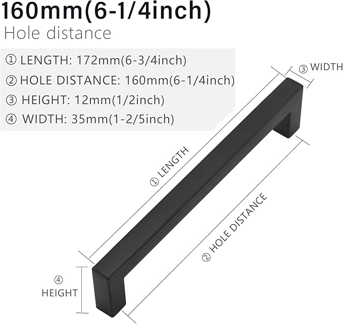 Cabinet Pulls Matte Black Cabinet Handles Square Drawer Pulls, 2 Pack 6-1/4 Inch Stainless Steel Kitchen Door Cupboard Cabinet Handles, Drawer Hardware Handles, 160mm Hole Centers
