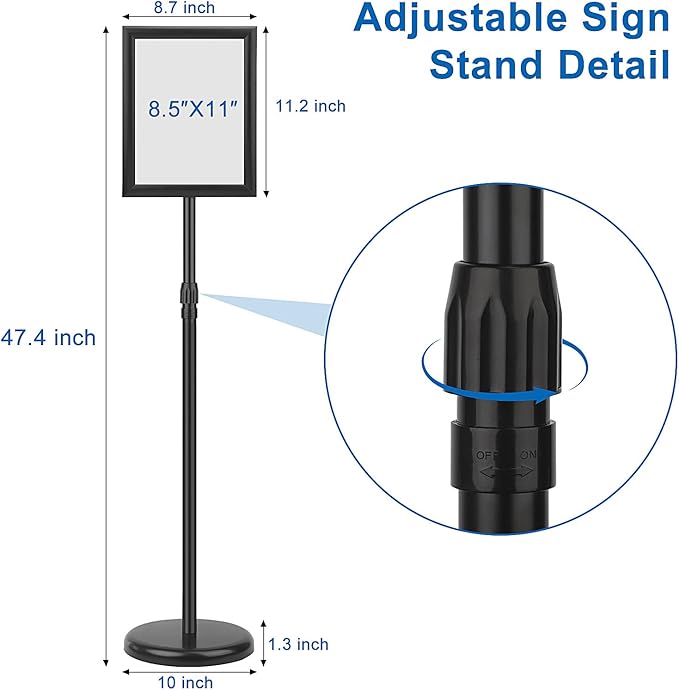 Adjustable Sign Holder Stand 8.5x11 inch,Pedestal Floor Signage Standing Holder with Heavy Duty Base, Aluminum Snap Open Frame Display for Business Restaurant, Mall,Schools-1 Pack