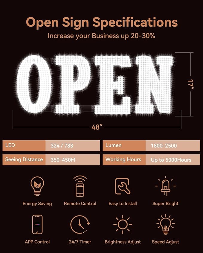 48"x17" Extra Jumbo LED Open Sign BT and Remote Control Open Sign Super Bright Dimmable Business Signs for Storefront Window Bar Salon Cafes Retail Shops White