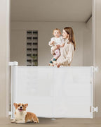 59 inch Retractable Baby Gates 34 inch Tall, Retractable Gate with Reinforced Strip Design to Prevent Crawling Through, 5 FT Retractable Dog Gate for Stairs, Doorways, Hallways, Indoor/Outdoor