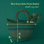 Blue Green Picnic Basket, Kitchen & Dining Storage, Reusable Grocery Bag, Countertop Fruits Holder, Farmers Market, Beach, Harvesting, Foraging, Decorative, Wicker, Woven, Boho Style