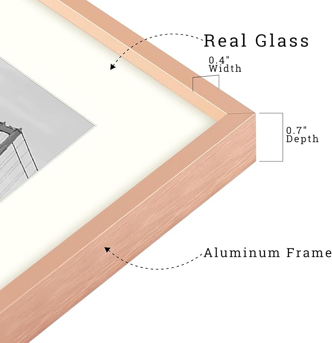 Frametory, 16x20 Metal Picture Frame with Mat for 11x14 Picture & Real Glass, Aluminum Photo Frame Collection (Rose Gold, 1 Pack)