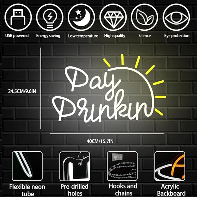 Day Drinking Neon Sign for wall decor, Bar Neon Sign Letter Neon Lights sign, USB Powered Drinking LED Sign with Dimmable Switch for Home Bar Man Cave Party Club Wall Decor
