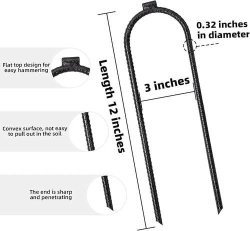 10 Pack Extra-Large Heavy Rebar Trampoline Wind Stakes with Flat Welded Head,12’’x3’’ U Shaped Stake, Ground Anchor for Securing Trampolines, Tents, Fences, Tarps, Garden Cloth, Hoses
