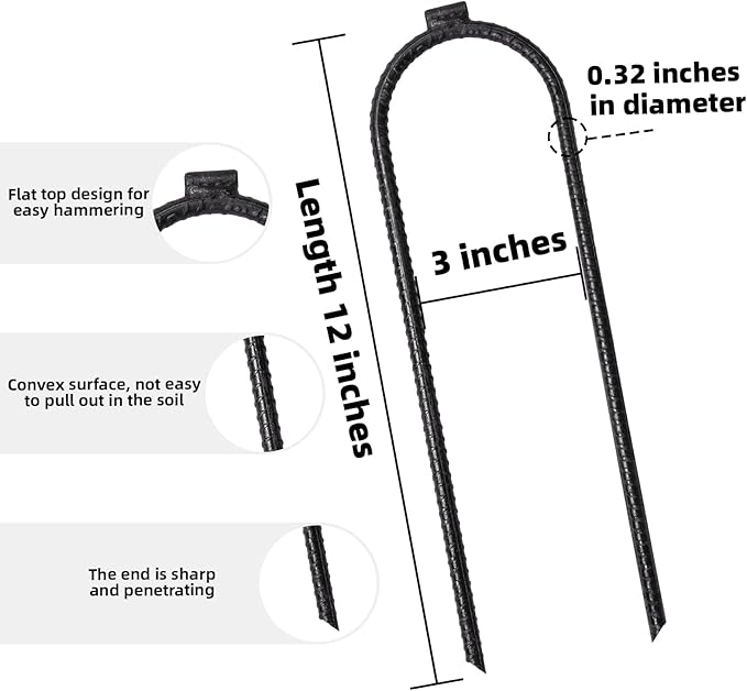 Extra-Large Heavy Rebar Trampoline Wind Stakes with Flat Welded Head,12’’x3’’x0.32’’ Trampoline Stake, Ground Anchor for Securing Trampoline, Tents, Fences, Tarps, Garden Cloth, Hoses (16)