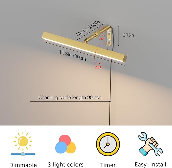 4W Plug in Picture Light for Paintings with Remote Control, 12" LED Art Display Lighting for Gallery, Dartboard, Artwork, Gold Wall Mounted Picture Frame Light