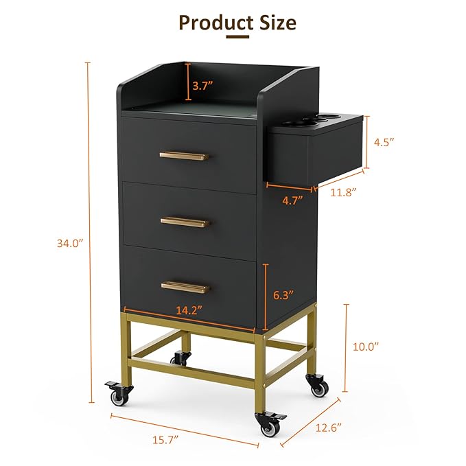 Salon Storage Trolley Cart with with Lockable Wheels, Beauty Rolling Hair Cart with Drawers& Dryer Holder, Salon Stations Cabinet for Beauty Spa Barbershop (Black)