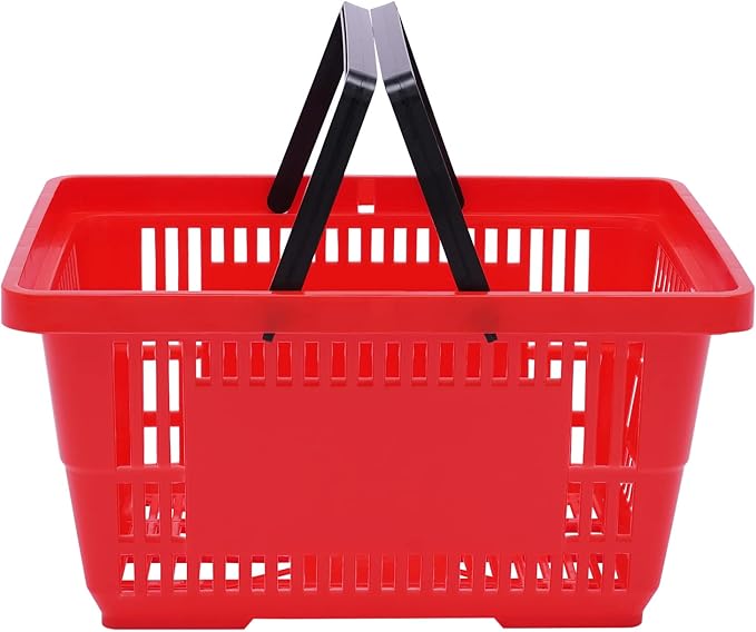 12 PCS Shopping Baskets with Handles, 18L Red Plastic Shopping Basket, Portable Grocery Basket Essential for Supermarket Retail Shop Book Store Laundry(17" x 12" x 9", Red)