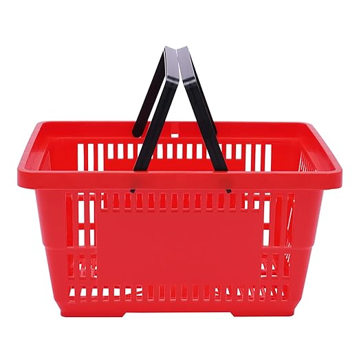 12Pcs Plastic Shopping Baskets with Handles, 18L/4.7Gal Durable Plastic Shopping Cart, Large Portable Grocery Basket for Retail Store, Supermarket, Red