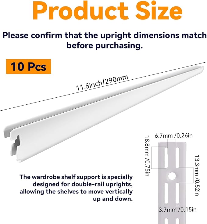 10 Pack Adjustable Shelf Brackets Shelving Brackets Heavy Duty, Double Track System Metal Stand, Metal Upright Track Stands for Adjustable Closet Systems Closet Organization, 11.5 Inches