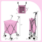 Goplus Folding Shopping Cart with Wheels, Grocery Cart with Removable Oxford Cloth Liner, Lightweight Utility Cart for Groceries Laundry, Pink