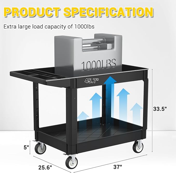 Heavy Service Utility Cart on Wheels,Tool Cart on Wheels, Service Cart for Garage, Warehouse, Workshop, Office, Cleaning (Black-45.7 inch)