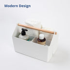 BLUE GINKGO Medium Storage Basket – Plastic Caddy with Wooden Handle for Office, Arts & Crafts, or Home Supplies (White)