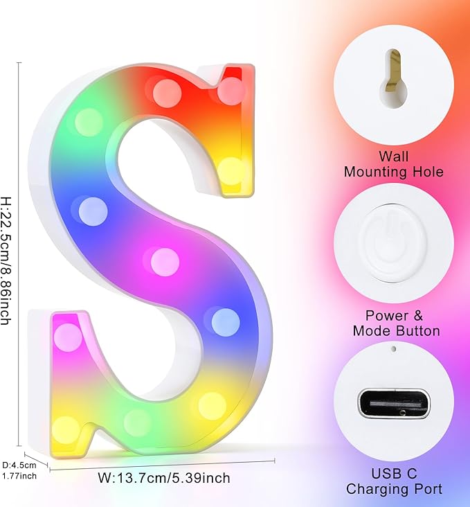 mooncow Rechargeable Light Up Letters,Colorful Marquee Letters with Remote,Gift Wrap Gifts,Bedroom Home Bar Party Decor (S)