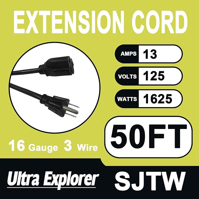 50 Ft Indoor Outdoor Black Extension Cord, 16/3 SJTW Heavy Duty Water-Resistant, 3 Prong Grounded Plug Power Cord for Home Appliance, Lights and Lawn, 13A 1625W, UL Listed