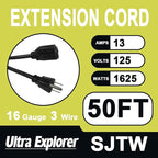 50 Ft Indoor Outdoor Black Extension Cord, 16/3 SJTW Heavy Duty Water-Resistant, 3 Prong Grounded Plug Power Cord for Home Appliance, Lights and Lawn, 13A 1625W, UL Listed