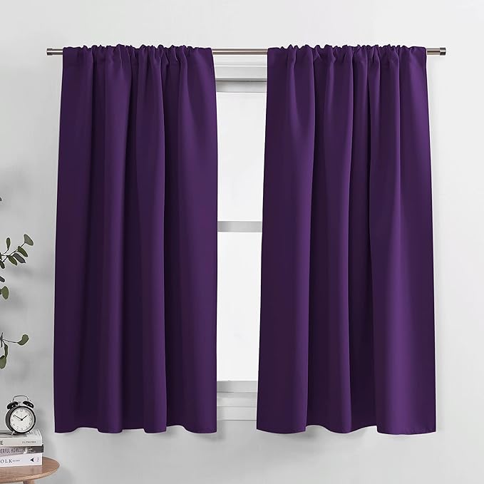 PONY DANCE Kitchen Blackout Curtains - Home Decoration Light Block Curtain Drapes Window Coverings Short Drapes with Rod Pocket for Bedroom, 42-inch by 45-inch, Royal Purple, 2 Panels