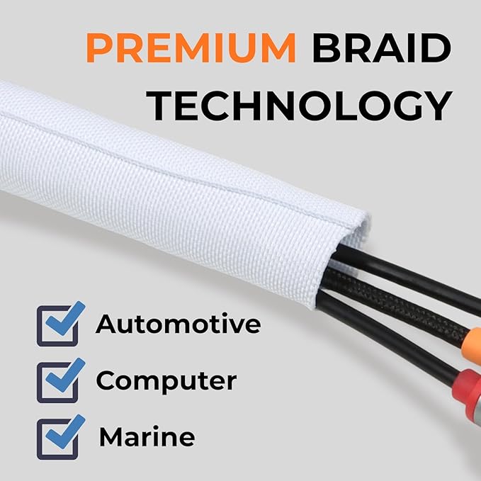 5/16 inch Split Braided Cable Management Sleeve for USB Cable Power Cord Audio Video Cable, Wire Loom Cord Protector from Cat Dog Chewing (White, 10FT)