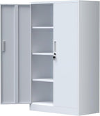 Metal Storage Cabinet with Locking Doors and 3 Adjustable Shelves, Lockable Storage Cabinets for Home Office Garage Kitchen Pantry (White)