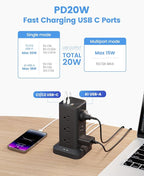 Power Strip Tower with Surge Protector 1800J, Fast Charging Tower PD20W USB-C Ports with 12 AC Outlets, 6ft Extension Cord for Home Office Dorm Room, Black