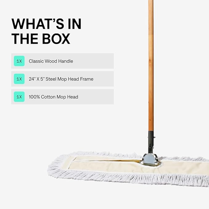 Commercial Dust Mop & Floor Sweeper, 24 in. Dust Mop for Hardwood Floors, Cotton Mop Head, Wooden Broom Handle, Industrial Dry Mop for Floor Cleaning & Janitorial Supplies