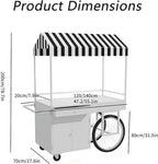 Food Cart for Business with Striped Canopy, Mobile Display Stand with Storage Drawers, for Street Food, Farmers Markets, Outdoor Events (White, 39.37 * 27.56 * 78.74in)