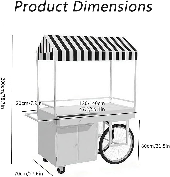 Food Cart for Business with Striped Canopy, Mobile Display Stand with Storage Drawers, for Street Food, Farmers Markets, Outdoor Events (Yellow, 47.24 * 27.56 * 78.74in)