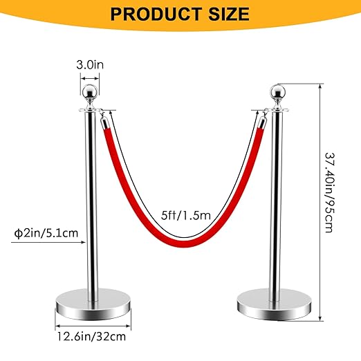 LOVMOR Crowd Control Stanchion, 12Pcs Silver Stanchion Posts Queue with 8pcs 5 ft/1.5 m Red Velvet Rope, Rope Barriers Crowd Control Barriers Queue Line for Hotel Theater Party Supplies