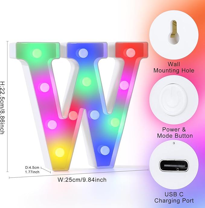 mooncow Rechargeable Light Up Letters,Colorful Marquee Letters with Remote,Gift Wrap Gifts,Bedroom Home Bar Party Decor (W)