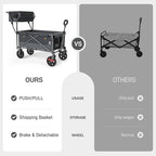 EVER ADVANCED Collapsible Push & Pull Shopping Cart with Wheels & Brakes, Foldable Wagon for Groceries with Practical Basket, Side Pockets & Cup Holders, Beach Utility Rolling Cart for Camping, Grey