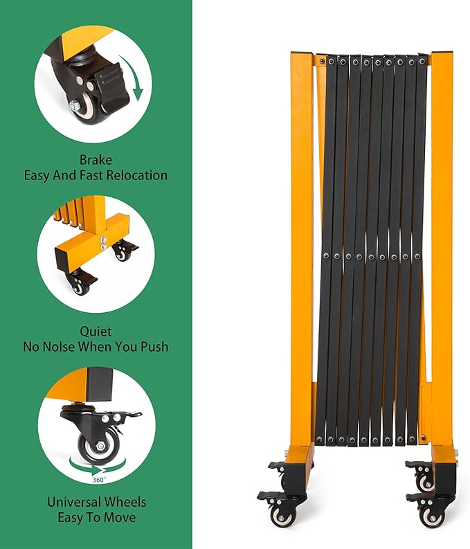 11.5FT Expandable Barricade Gate, Expandable Metal Barricade Gate Alloy Fence with Wheels, Retractable Crowd Control, for Industrial or Residential Use (Yellow, 11.5FT)