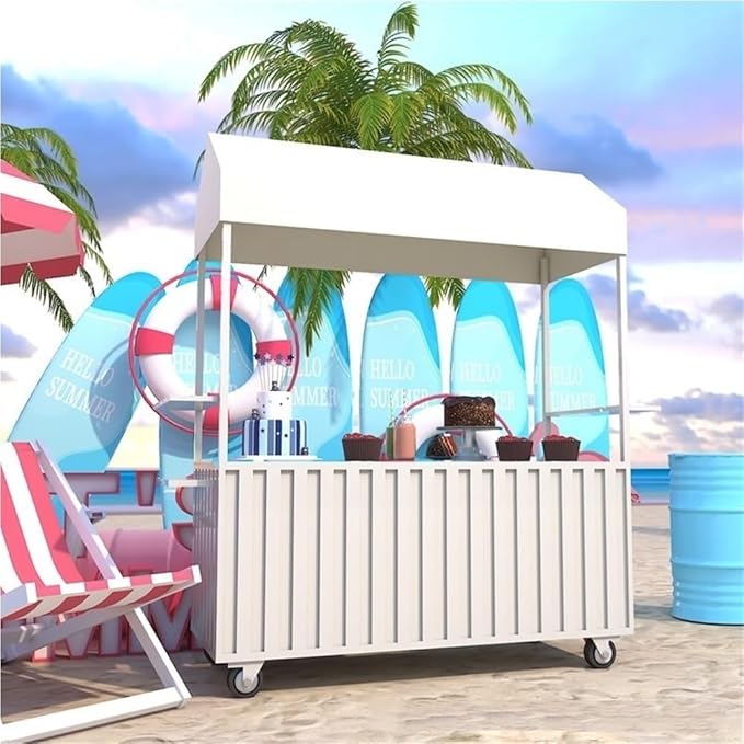 Outdoor Food Vendor Cart with Canopy, Portable Mobile Street Food Stand, Foldable Commercial Vending Trolley Kiosk for Markets and Events(White,55.1in)