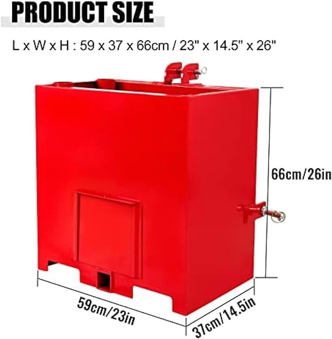 3 Point Hitch Ballast Box, 800 Lbs Tractor Ballast Box with 2'' Quick Hitch Receiver for 3 Point Category 1 Tractors, Loaders and Skid Steers,Red