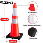 (8 Cones) BESEA 28” inch Orange PVC Traffic Cones, Black Base Construction Safety Cones Road Parking Cone Structurally Stable Wearproof (28" Height)