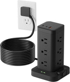 15-in-1 Power Strip Tower with Surge Protector 1800J, Fast Charging Tower PD20W USB-C Ports with 12 AC Outlets, 15ft Extension Cord for Home Office Dorm Room, Black