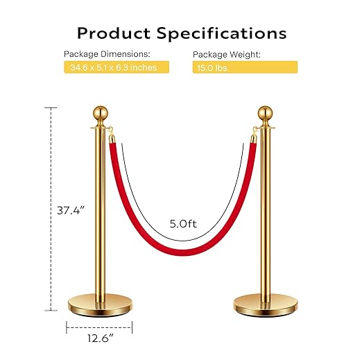 VIVOHOME Stainless Steel Stanchion Post Queue 4PCS Pole w/ 2 Red Velvet Ropes, Crowd Control Barriers w/Fillable Base for High-end Venues, Museums, Party Supplies (4 Pieces, Golden)