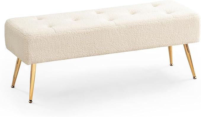 Furnimart Faux Fur Boho Bench Ottoman Upholstered Tufted Bench with Padded Seat, Footrest Foot Stool with Sturdy Metal Leg, for Bedroom Living Room Entryway