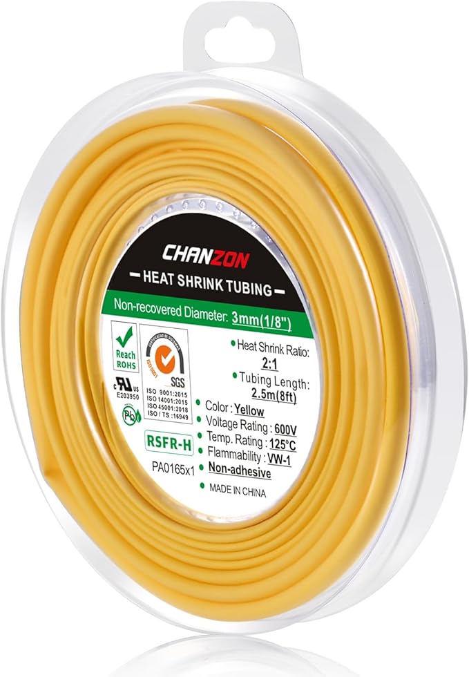 Chanzon 2:1 Ratio 1/8" (3mm) Heat Shrink Tubing 8Ft Roll (2.5M Total Length) Yellow Polyolefin Sleeving Wrap Shrinking 2 to 1 1pcs