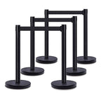 DuraSteel Black Crowd Control Barriers Stanchions with Retractable Belts - Metal Stanchion Posts w/ 6.5ft Black Retractable Barrier Belt Ropes - Queue VIP Safety Line Dividers - Set of 6 Stantions