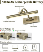 Wireless Picture Lights Rechargeable Gallery Lighting Battery Picture Frame Light with Remote and Timer, Adjustable Art Light for Paintings, Portraits, Antique Bronze Finish 12'' Inch 2W 2700K