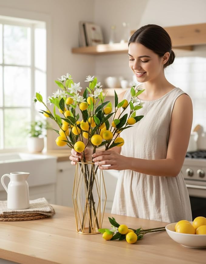 24 Inch Artificial Lemon Branches -5 Pieces Set of Realistic Fake Lemon Tree Stems and Fruits for Kitchen, Farmhouse, and Home Decoration