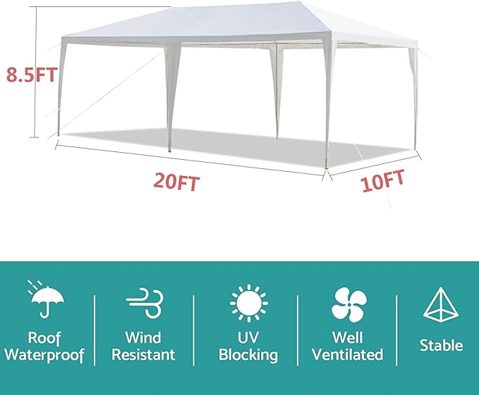 10x20 FT Party Tent, Outdoor Wedding Tents for Parties, Canopy Event Tent Without Removable Sidewalls, Waterproof Gazebo Shelter for Birthday Parties, Weddings, BBQs & Events (10X20FT-0Sides White)