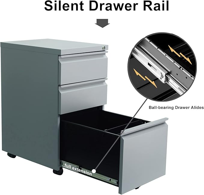 3-Drawer Mobile File Cabinets Rolling ，Vertical Metal Filing Cabinet for Legal & Letter File Anti-tilt Design with Lock Under Desk Office Drawers Fully Assembled (Grey)