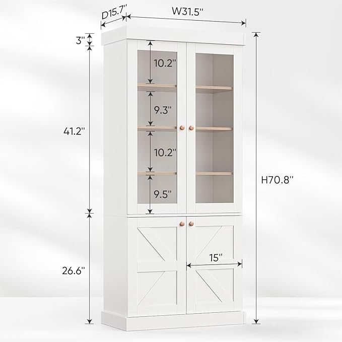 Vyre 71" Tall Farmhouse Bookshelves with Glass Doors, Set of 4 – Large Modular Bookcase with Adjustable Shelves, Storage Cabinet for Living Room, Kitchen, Home Office, White