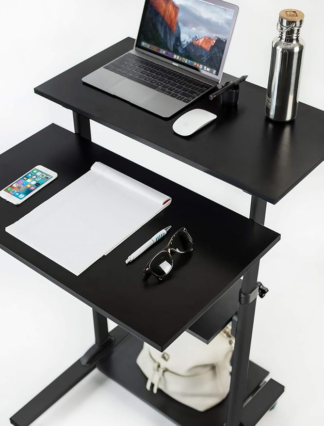 Mount-It! Black Rolling Standing Desk, Adjustable Height up to 54.7", Portable Laptop Podium Desk on Wheels, Mobile Computer Workstation with 4 Shelves, Presentation Cart for Home Office or Classroom
