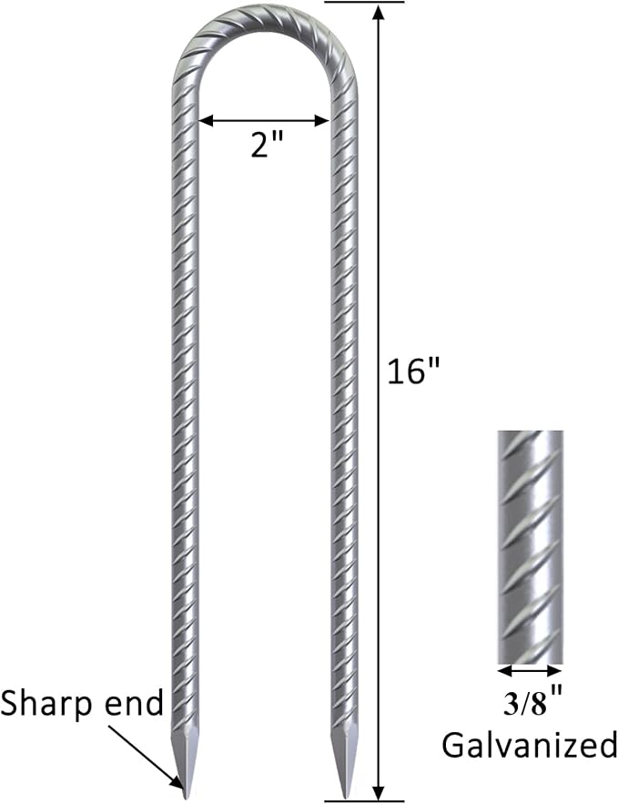 16 Inch Heavy Duty Trampoline Stakes, U Shaped Rebar Ground Anchors for High Wind, 3/8" Thick Steel U Shaped Stakes for Trampoline, Tent, Canopy, Swing Set, Playground & Bounce House, 4 Pack