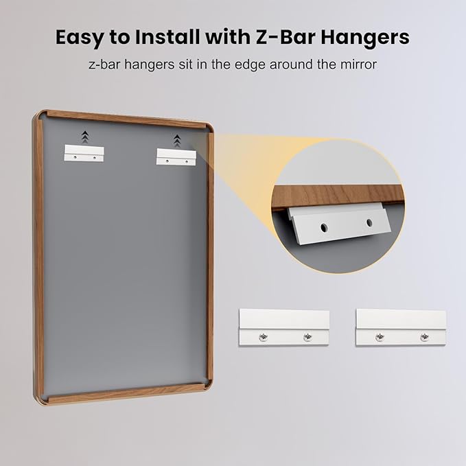 LOAAO 72X32 Inch Bathroom Mirror with Wood Grain Colored Metal Frame, Rounded Rectangle Metal Framed Bathroom Mirror, Anti-Rust, Hangs Horizontally or Vertically, Tempered Glass